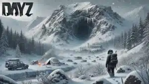 DALL·E 2024 09 20 15.49.15 A scenic winter landscape on the Sakhal map in DayZ featuring rugged icy terrain with a large cave entrance nestled into a snow covered mountain. The