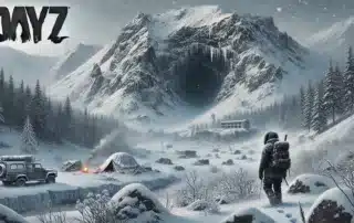 DALL·E 2024 09 20 15.49.15 A scenic winter landscape on the Sakhal map in DayZ featuring rugged icy terrain with a large cave entrance nestled into a snow covered mountain. The