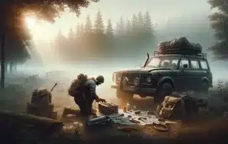 DALL·E 2025 01 16 17.12.34 A DayZ themed image showcasing a survival scene. The first image features a lone survivor repairing a vehicle in a foggy rural environment with a sub