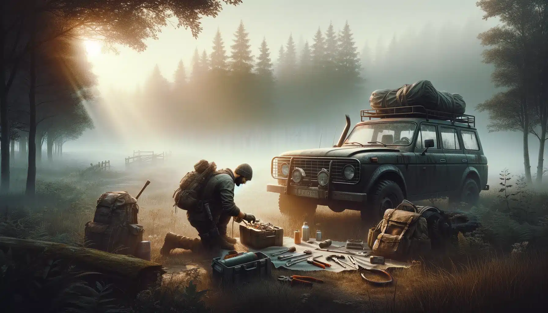 DALL·E 2025 01 16 17.12.34 A DayZ themed image showcasing a survival scene. The first image features a lone survivor repairing a vehicle in a foggy rural environment with a sub