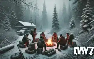 DALL·E 2025 01 16 17.13.45 A DayZ themed image showcasing a winter survival scene. The image features a group of survivors around a campfire in a dense snowy forest clearing du