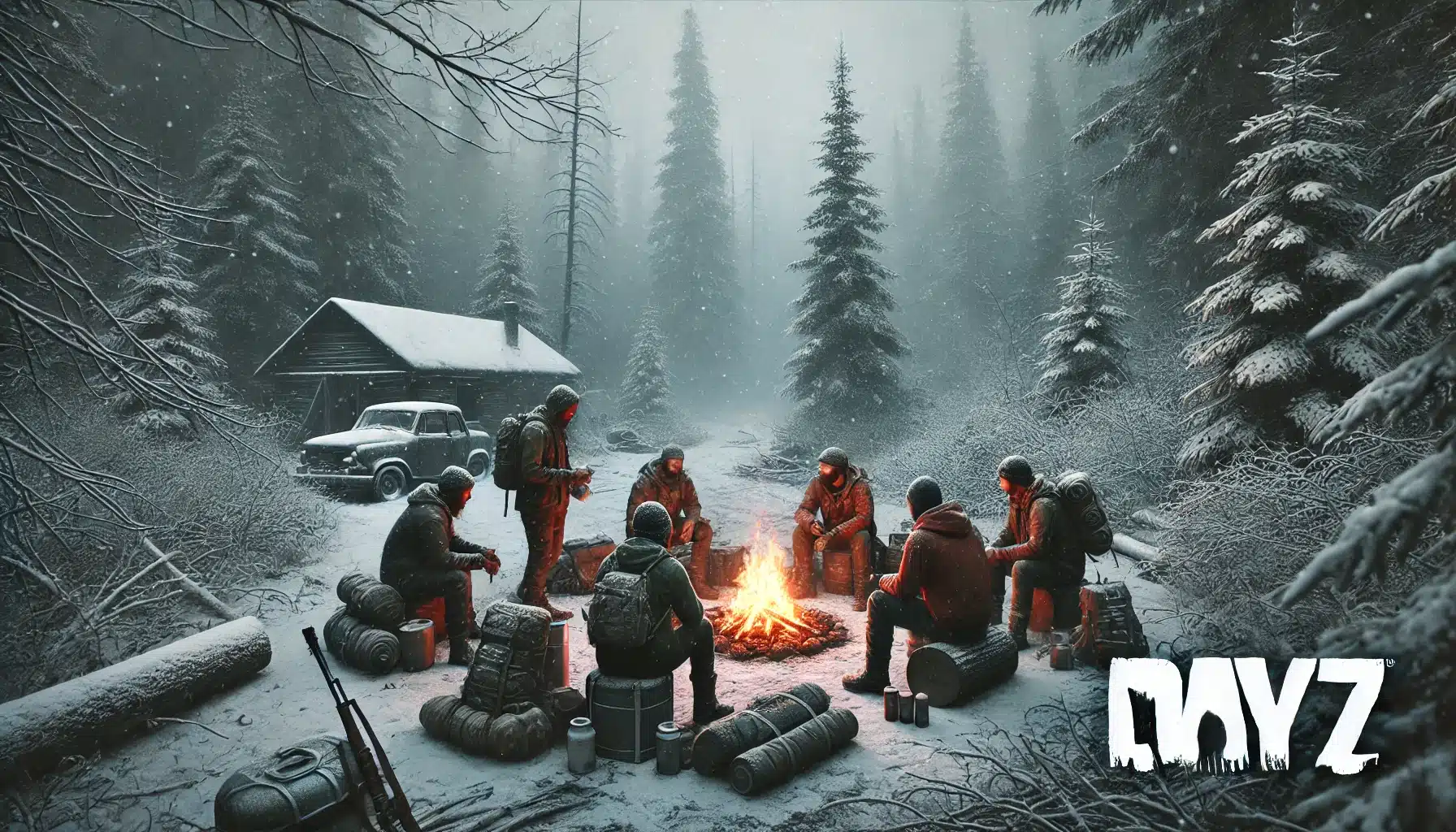 DALL·E 2025 01 16 17.13.45 A DayZ themed image showcasing a winter survival scene. The image features a group of survivors around a campfire in a dense snowy forest clearing du